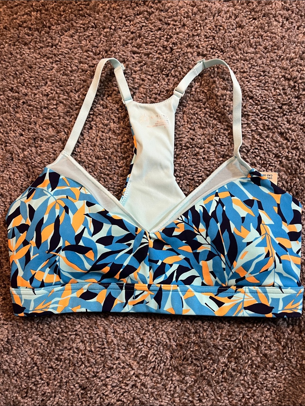 aerie Light Blue, Navy and Orange Leaf-Print Racerback Swim Top